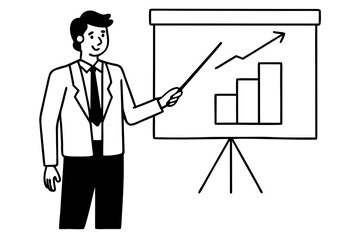 Cartoon Character Giving Business Presentation – Blue Suit, Red Tie, Pointing at Growth Chart on Presentation Board, line art 