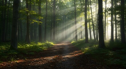 Naklejka premium Bright Forest Pathway with Vibrant Greenery