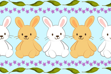 Seamless vector illustration of rabbit doll surrounded by bright flowers and leaves, suitable for various print designs, packages, fabric patterns, borders, wallpapers, backgrounds.
