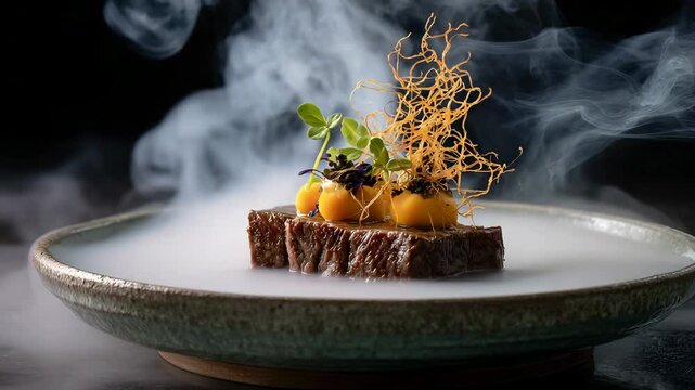Smoky Dessert Plate with Orange Spheres and Microgreens