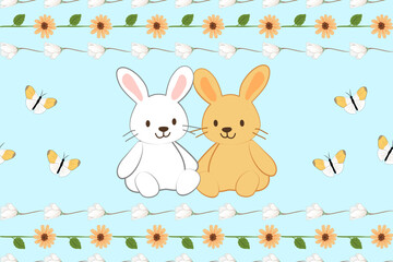 Cute cartoon Easter bunny animal with colorful flowers and butterflies illustration for a happy spring  greeting card design, textiles, packaging design, printing, bedding, wallpaper,