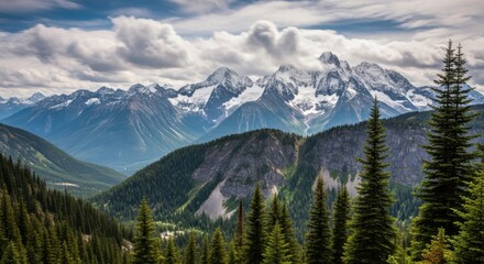 Fototapeta premium Majestic Snow Capped Mountains Rise Above Lush Green Valleys Under a Dramatic Cloudy Sky