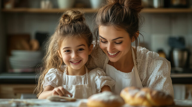 a happy moment between mother and daughter baking in the kitchen