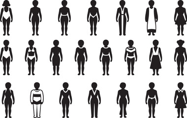 Silhouettes of Women in Various Outfits and Fashion Poses Set on White Background Icon Style