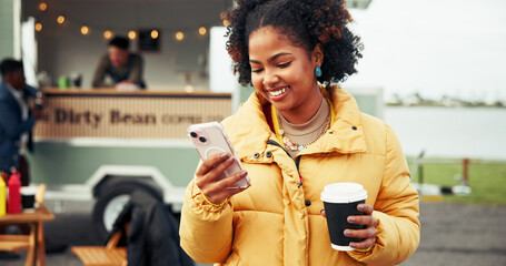 Happy, food truck and woman with phone and coffee on social media, internet and website on weekend....