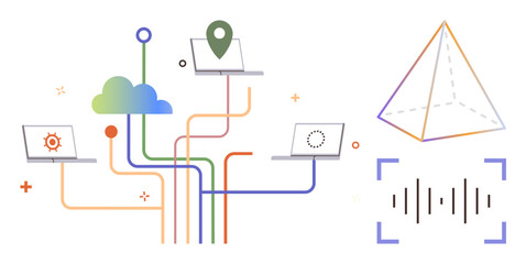 Laptops connected via cloud, data nodes, and interface elements show processes, network, and geometric mapping. Ideal for technology, cloud, data analytics, IoT connection visualization simple