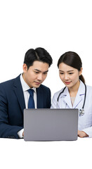 Obraz premium Isolated Background Doctor and Businessman Discussing on Laptop