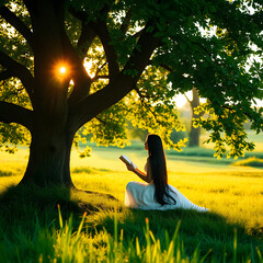 A girl  with long hair sitting under the tree