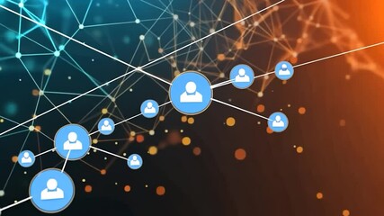 Abstract digital network with glowing nodes and connections in blue and orange hues. - Powered by Adobe