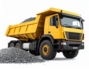 Yellow Dump Truck with Gravel Load on White Background - Construction & Aggregate Transport