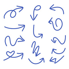 Vector illustration of a hand-drawn doodle arrow set in various directions and styles. Includes straight arrows, curved arrows, looping arrows,  dashed ,arrows,arrow set, hand drawn ,arrows, doodle 