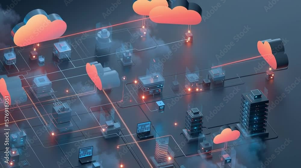 Poster cloud data orchestration integration. isometric diagram illustrating cloud services integration conc