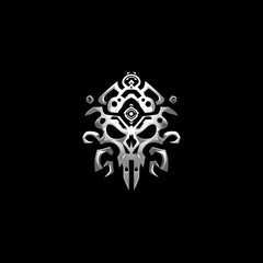 Stylized symmetrical silver mask on black background, intricate details