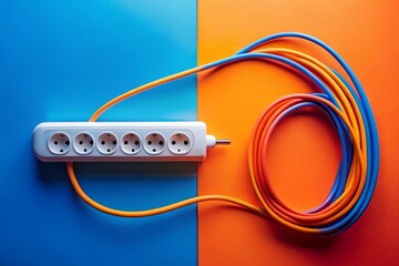 A colorful power strip with a white plug on the end