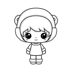 Cute cartoon girl wearing a fur-lined hat and coat in a black and white line drawing