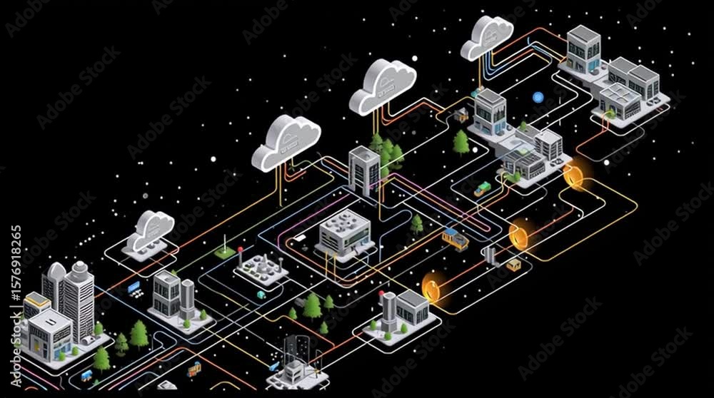 Poster cloud data orchestration integration. isometric diagram illustrating cloud services integration conc