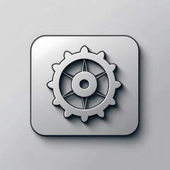 Silver Wheel of Dharma Symbol on Square Button, Metallic Dharmachakra Icon with Depth on a Gray Background