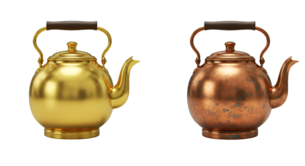 Illustration of Gold Copper Kettles with Handles on Transparent Background