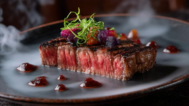 Close up of a grilled steak sliced, with red fruit compote, and garnish on a dark gray plate with dry ice smoke. High end restaurant setting.