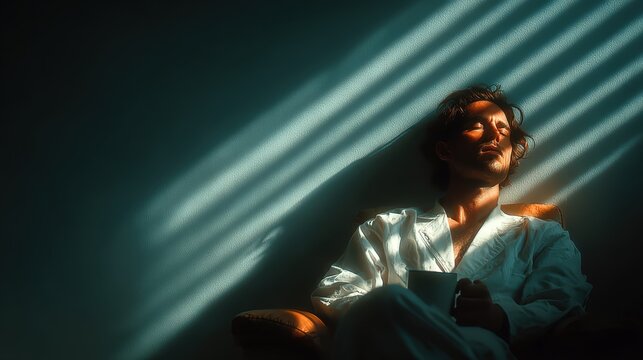 Pensive man in robe, bathed in sunlight and shadows, holding a cup, sitting against wall in deep thought and