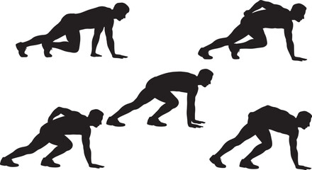 Silhouettes of Male Athletes in Sprint Start Running Position Sequence Isolated on White