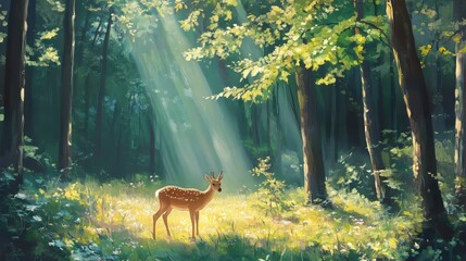 Roe deer grazing in a beautiful sunlit forest