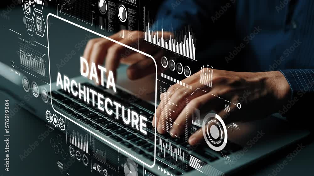 Poster data architecture concept with hands typing on keyboard surrounded by digital graphics and analytics