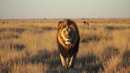 Majestic male lion strides towards the camera in a golden savanna, another animal visible in the distance - Powered by Adobe