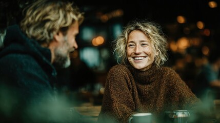 Smiling Woman in Cafe Enjoying Conversation, Authentic Moment