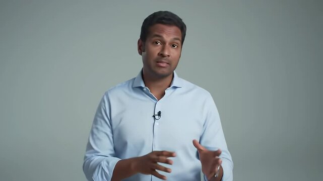 Engaging Portrait of a Dark Haired Man Delivering a Speech Wearing a Light Blue Shirt Against a Gray Background Giving a Business Presentation