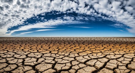 Arid Landscape Under a Vast Sky, Showing Extensive Cracks in the Earth
