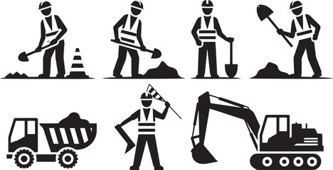 Naklejka premium Construction Worker Silhouettes with Tools and Heavy Equipment on White Background