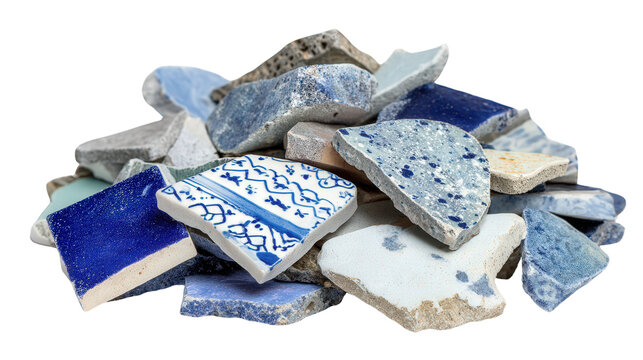 Broken ceramic pieces separated for recycling background isolated on a Transparent background, PNG file.