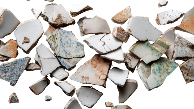 Broken ceramic pieces separated for recycling background isolated on a Transparent background, PNG file.