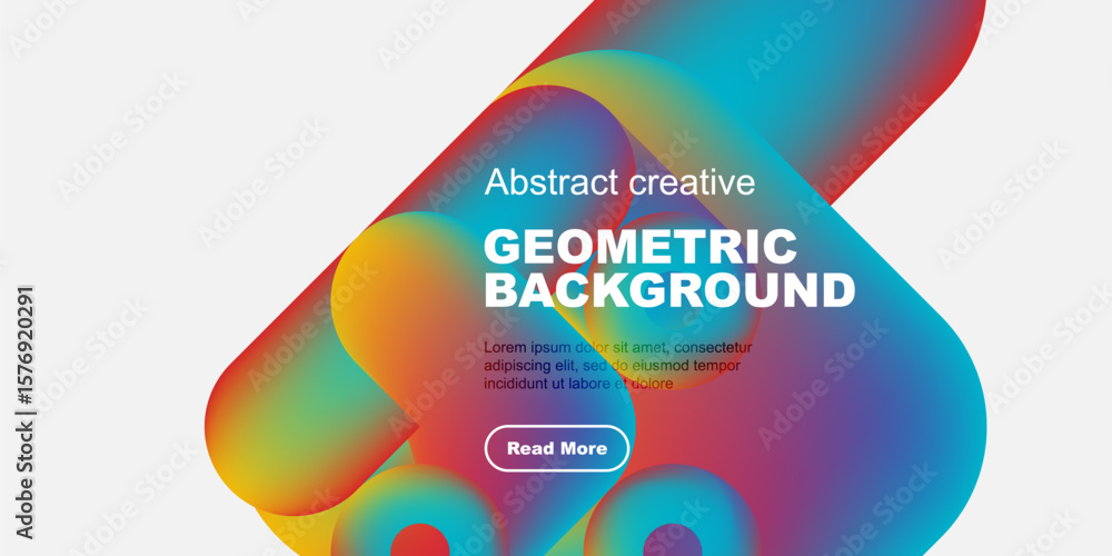 Poster vibrant abstract shapes overlap white space. text promotes geometric background design, includes rea