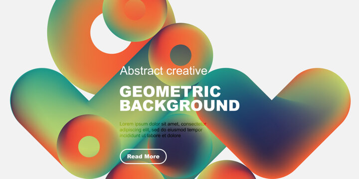 Vibrant abstract shapes overlap, creating colorful geometric background. Text promotes creative design, includes call to action.