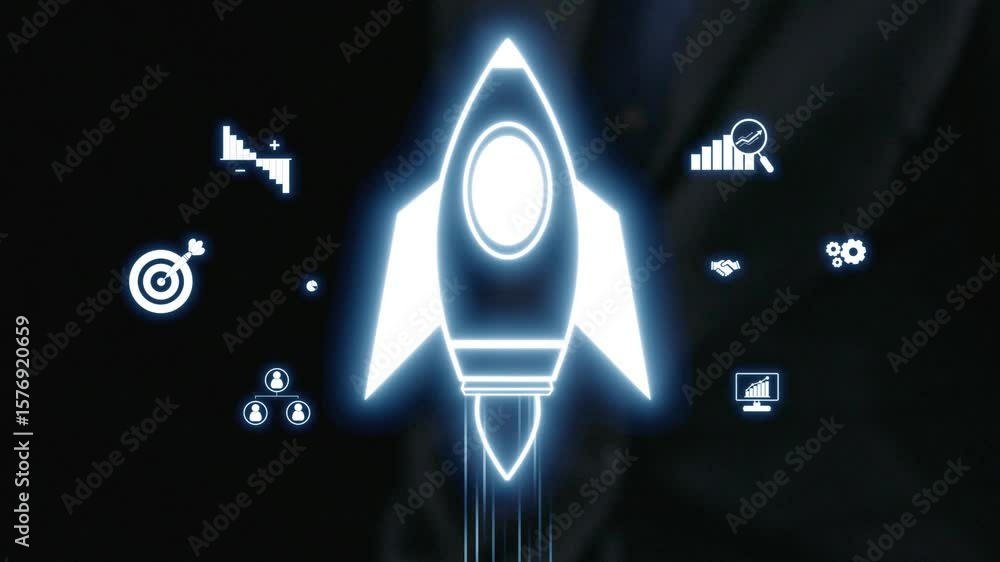 Poster this image showcases a futuristic rocket launch icon surrounded by various symbols representing busi