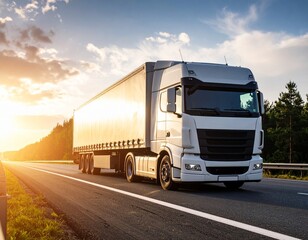Obraz premium White Semi-Truck on Highway at Sunset - Global Logistics & Road Freight Transport