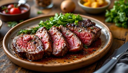 Sliced grilled beef steak on a plate with herbs and sauce meat food dinner
