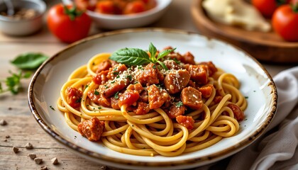 Spaghetti with tomato sauce vegan sausage chunks and Parmesan cheese A basil leaf garnish adds freshness