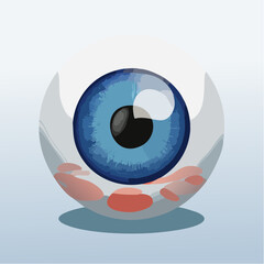 Anatomical 3D vector icon of a human eye, with visible iris, pupil, and optic nerve, floating on a neutral background