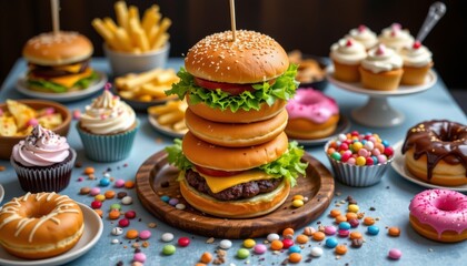 Triple decker hamburger with lettuce tomato and cheese surrounded by french fries cupcakes donuts and candy