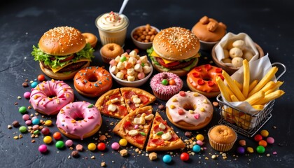 Assorted unhealthy fast food burgers pizza slices donuts french fries candy and muffins