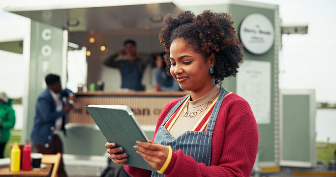 Tablet, food truck and woman outdoor for online menu, customer order and product inventory. Restaurant, mobile cafe and happy waitress on digital tech for bistro website, internet and price list - Powered by Adobe