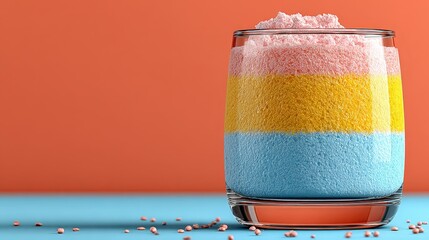 Layered Dessert in Glass with Sprinkles Pink, Yellow, and Blue Food Concept
