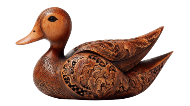 Carved wooden duck decorative figure background isolated on a Transparent background, PNG file.