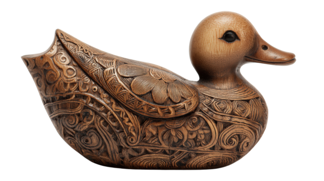 Carved wooden duck decorative figure background isolated on a Transparent background, PNG file. - Powered by Adobe