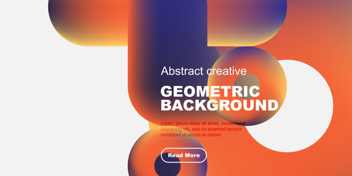 Vibrant abstract design. Fluid shapes blend orange, purple, white. Text promotes geometric background, includes call to action.