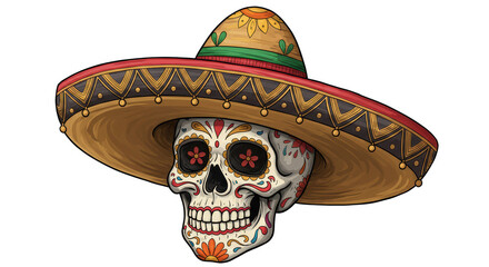 Illustration of Sugar Skull with Sombrero Celebrating Day of Dead
