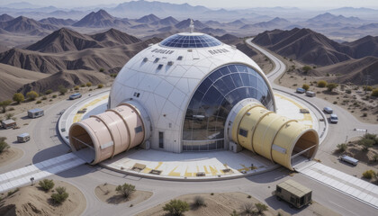 Futuristic dome shaped building stands desert landscape, featuring large tubular entrances and surrounded by rugged mountains. structure modern design contrasts with arid environment